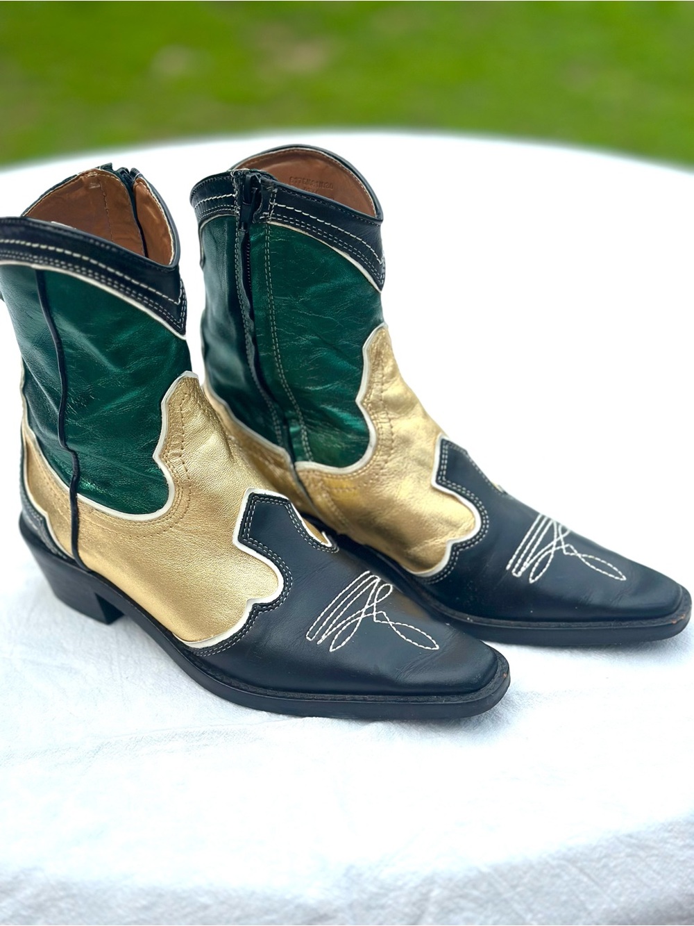 Zara Black, Gold and Green Leather Heeled Westetn Boots